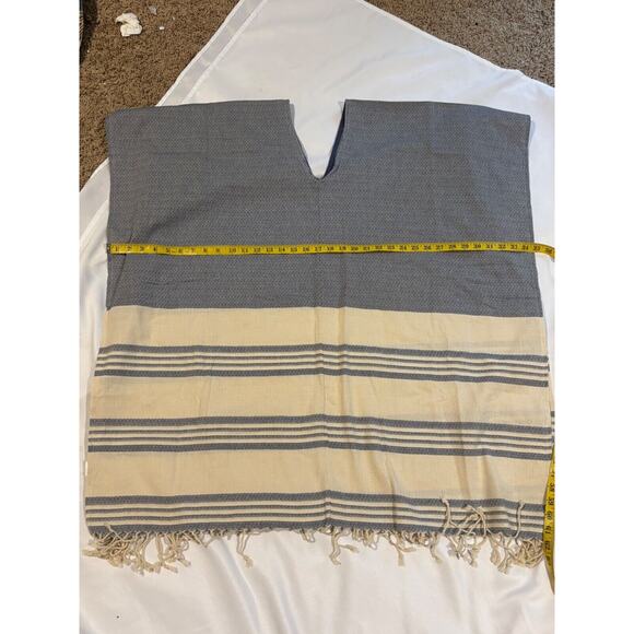 Tribe Alive Poncho Blue Ivory Stripe Shawl poncho kaftan OS Aztec Boho Career - Picture 5 of 6